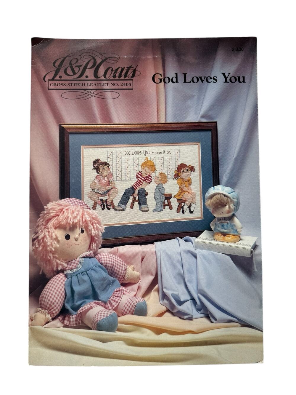 Vintage God Loves You Cross Stitch Design Pamphlet 1989 Coats & Clark 1 Design